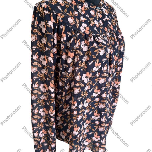 Loft Medium Blue & Pink Floral Button Long Balloon Sleeve Sheer Blouse - Picture 3 of 6